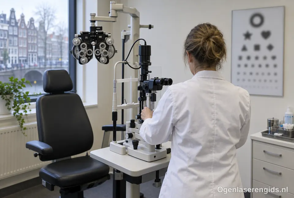 Oogarts bereidt een spleetlamp voor in een onderzoekskamer