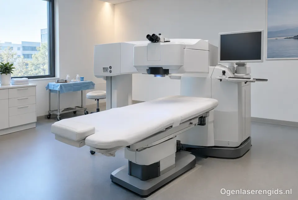 Behandelkamer van een ooglaserkliniek met laserapparaat en behandelstoel